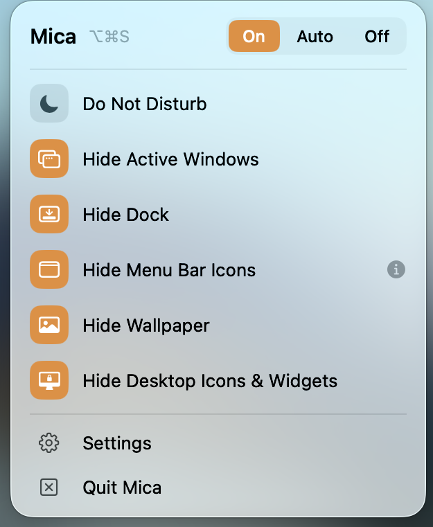 Mica's menu bar panel, set to On, with all six switches enabled.