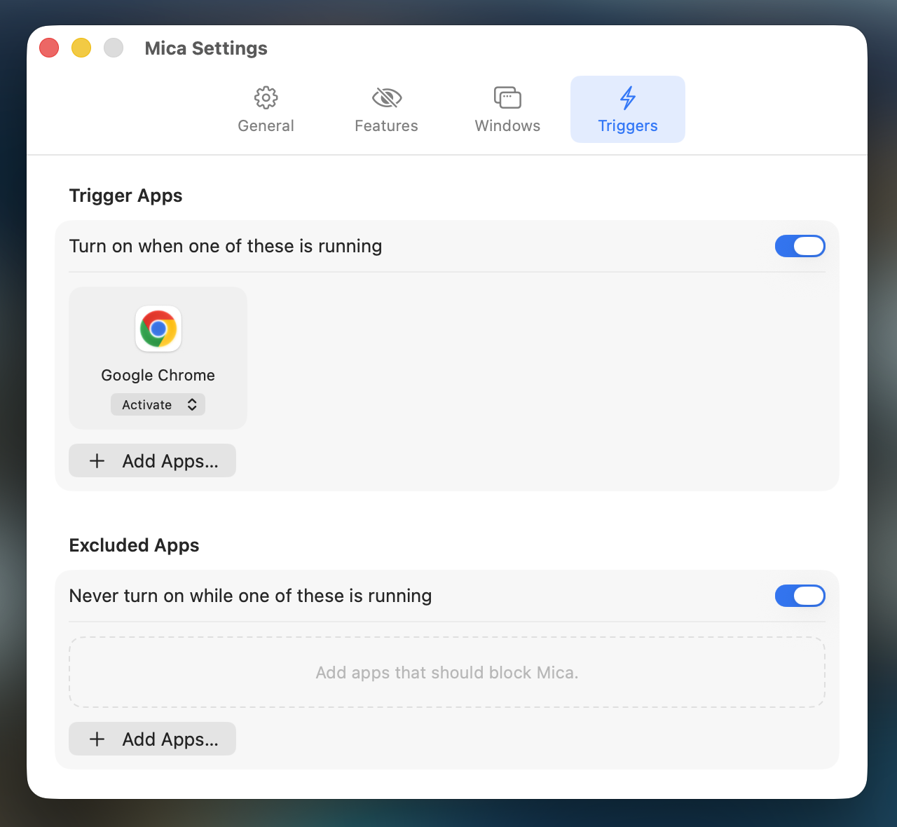 Mica's Triggers settings: trigger apps that switch it on, and excluded apps that hold it off.