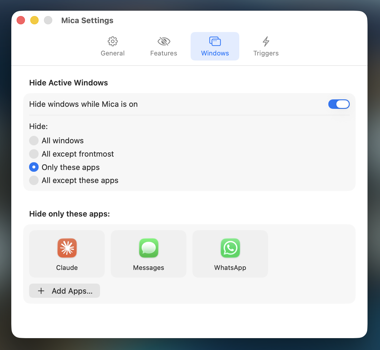 Mica's Windows settings: four hiding scopes, with Claude, Messages and WhatsApp picked.